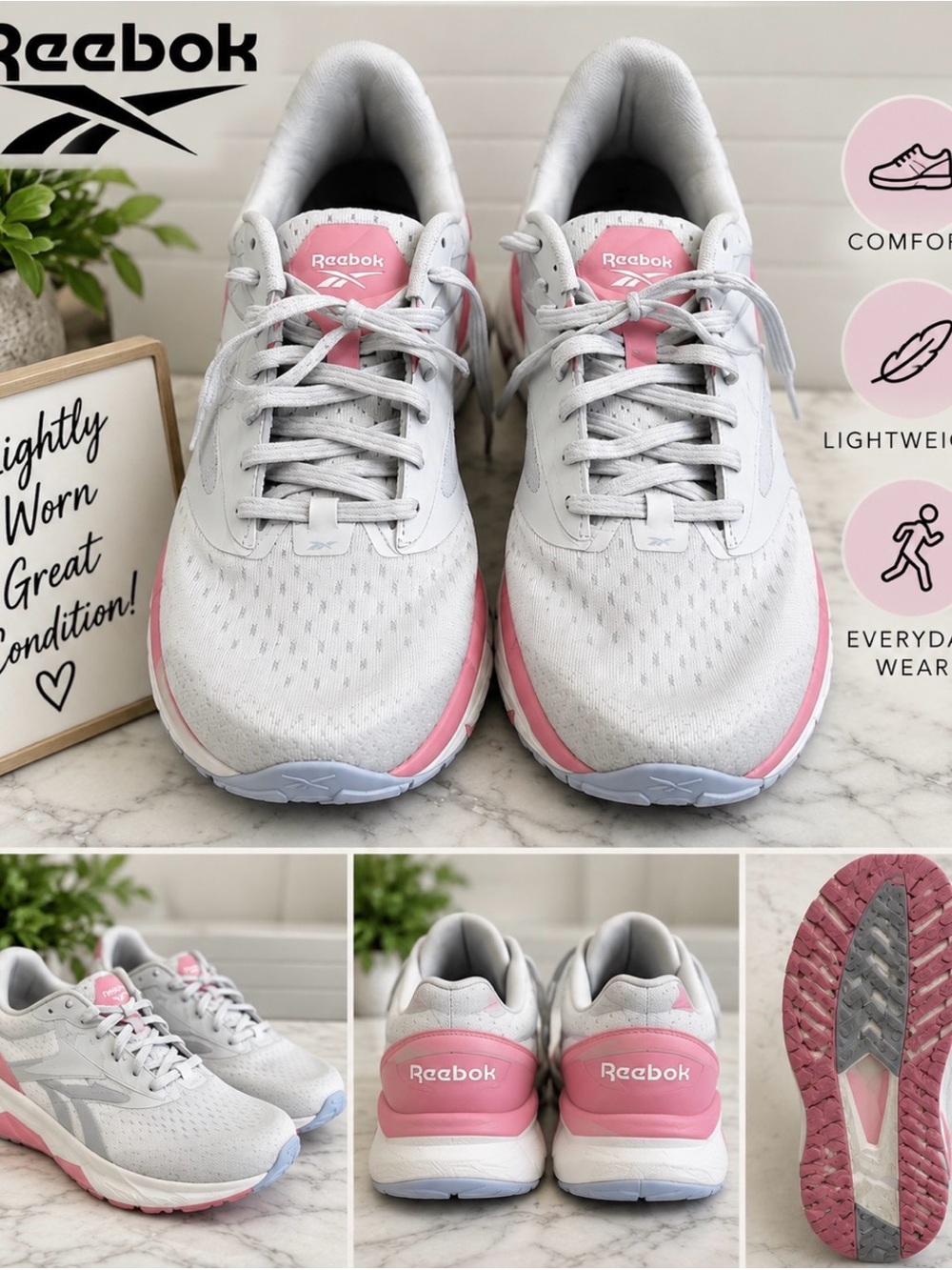Reebok Women’s White and Pink Comfort Run Sneakers